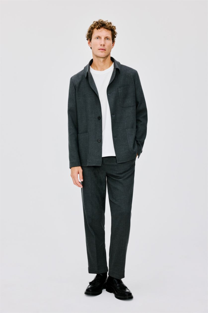 Men Anthracite Regular Fit Polo Collar Cotton Lined Blazer