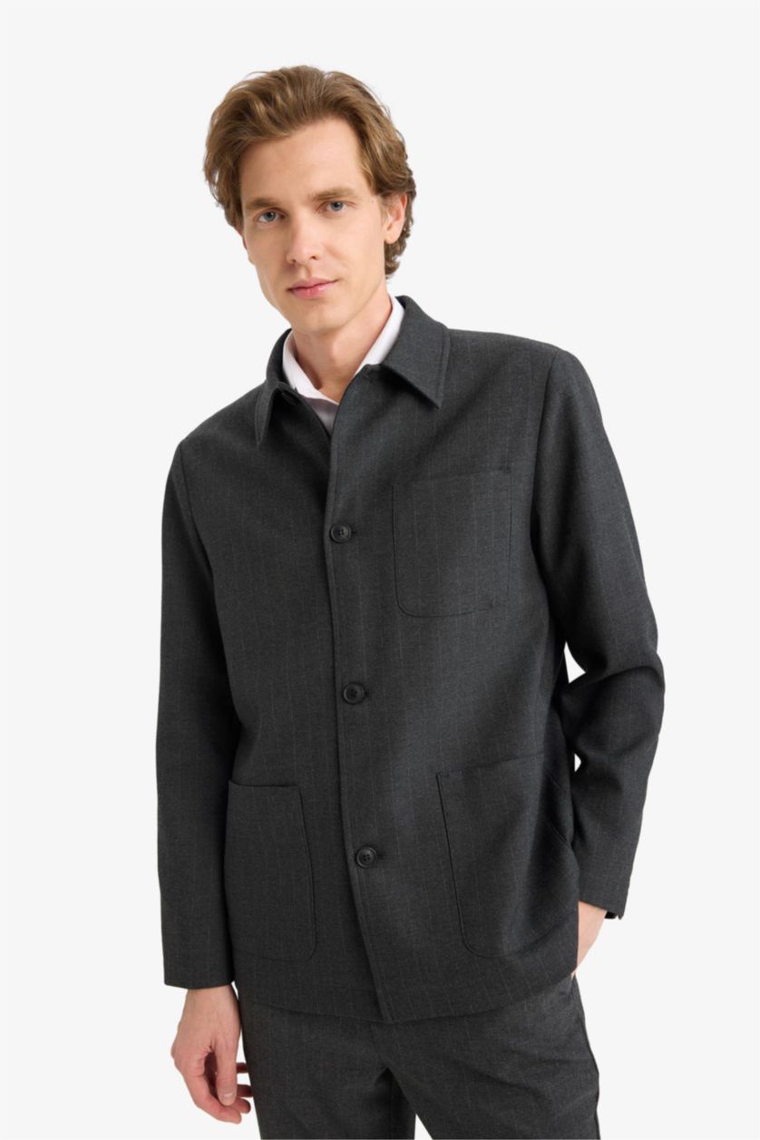 Men Anthracite Regular Fit Polo Collar Cotton Lined Blazer