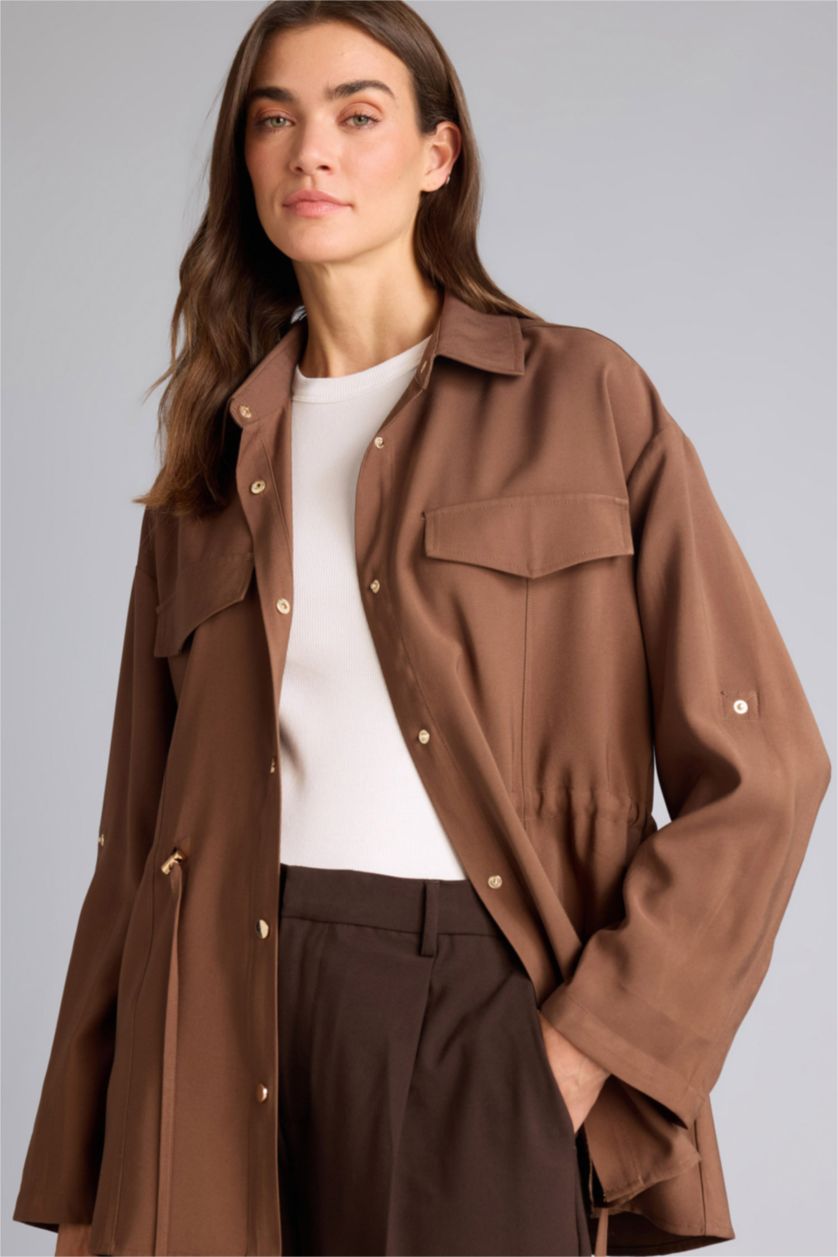 Женщины Коричневый Блейзер оверсайз из вискозы с рубашечным воротником