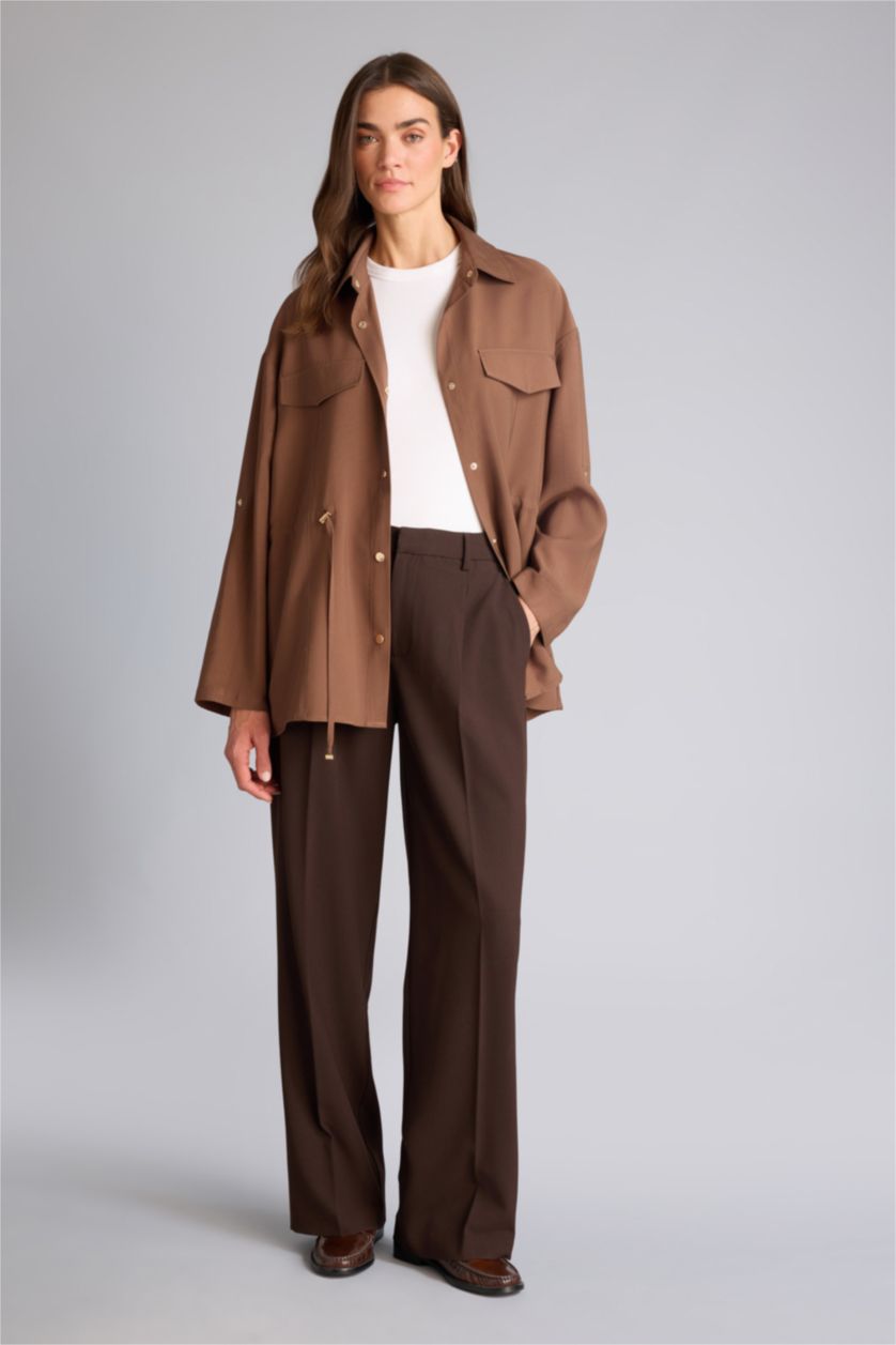 Женщины Коричневый Блейзер оверсайз из вискозы с рубашечным воротником