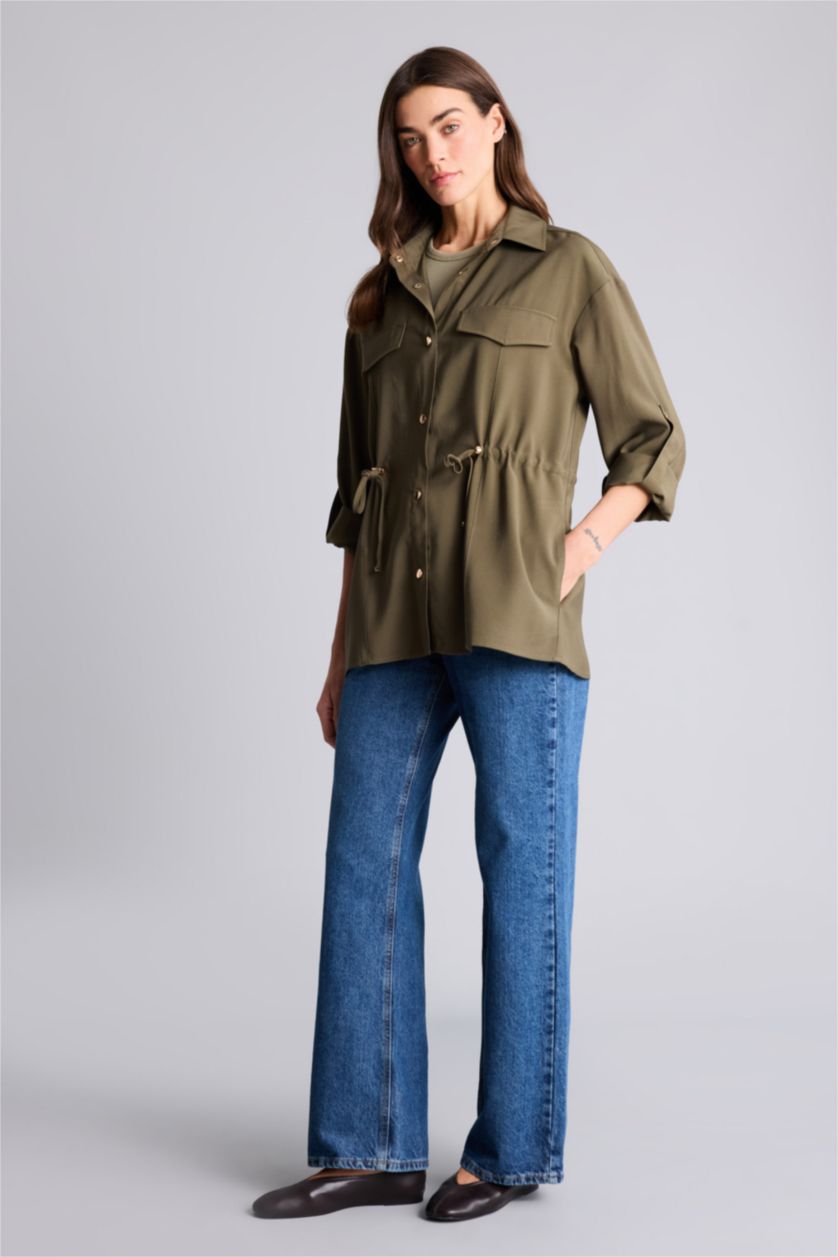 Женщины Хаки Блейзер оверсайз из вискозы с рубашечным воротником