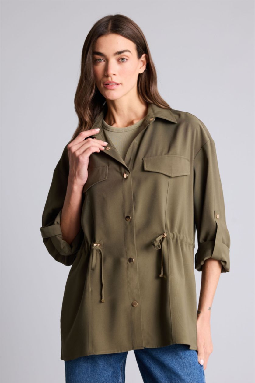 Женщины Хаки Блейзер оверсайз из вискозы с рубашечным воротником