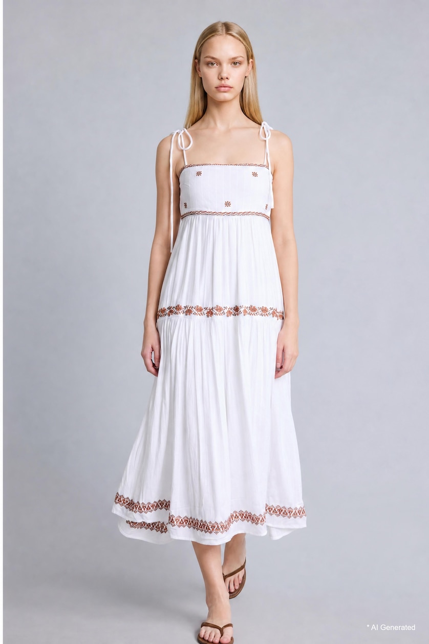 Women Beige Square Neck Cotton Sleeveless Dress