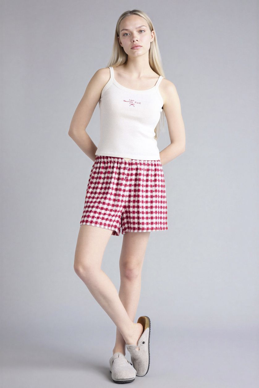 Woman Bordeaux Plaid Shorts Pajama Bottoms