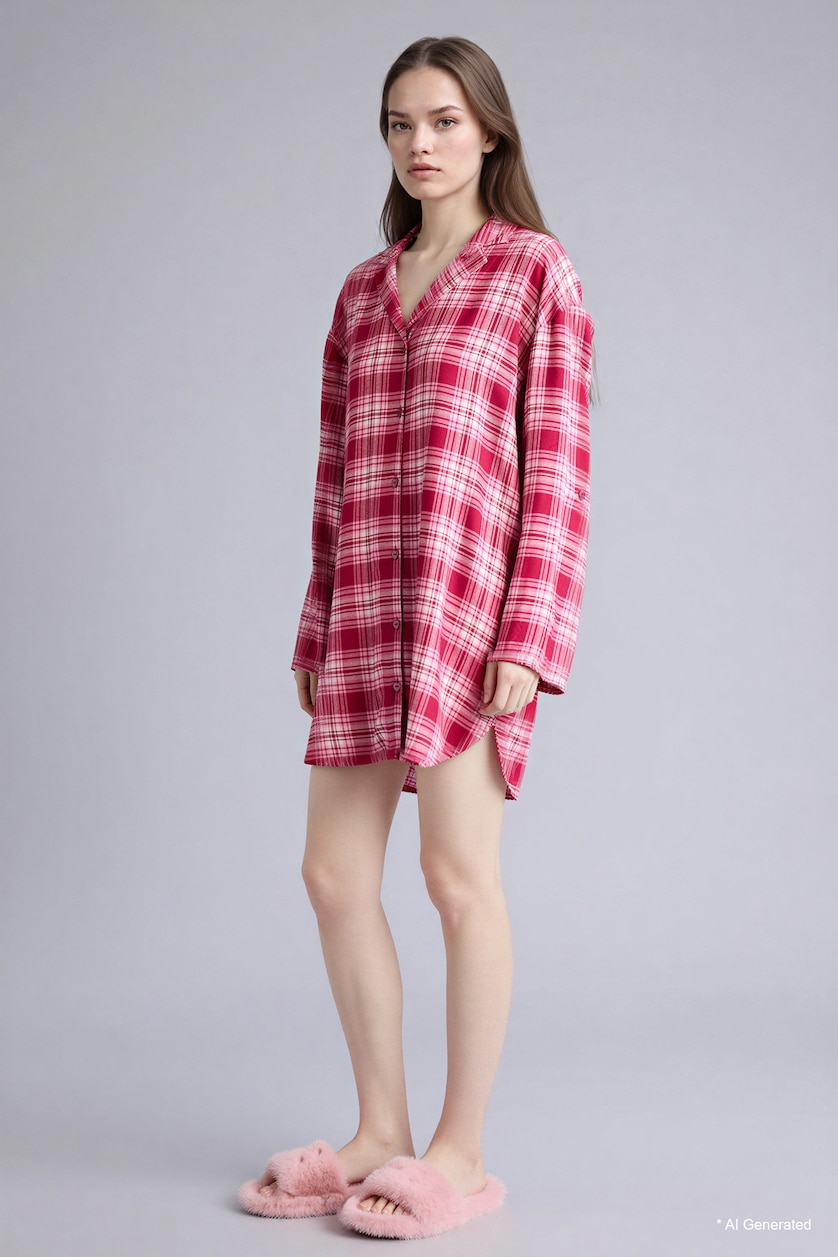 Kadın Bordo Regular Fıt Pijama Yaka Flanel Uzun Kollu Gecelik