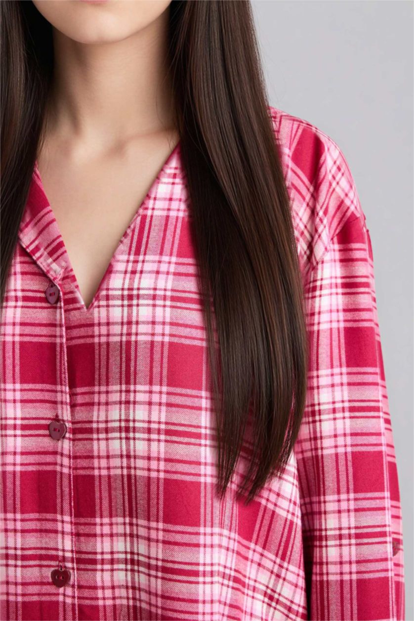 Kadın Bordo Regular Fıt Pijama Yaka Flanel Uzun Kollu Elbise