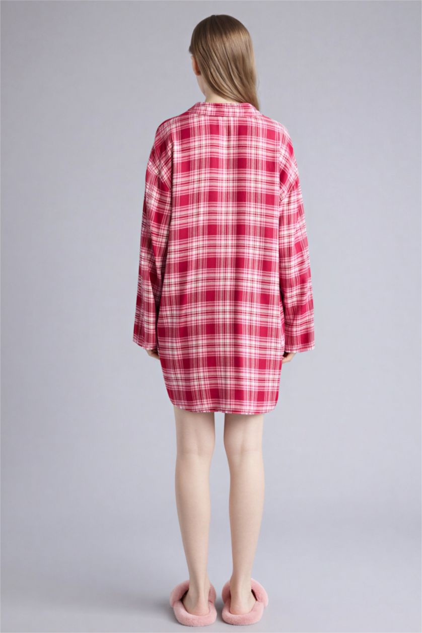 Kadın Bordo Regular Fıt Pijama Yaka Flanel Uzun Kollu Elbise