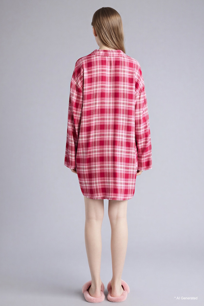 Kadın Bordo Regular Fıt Pijama Yaka Flanel Uzun Kollu Gecelik