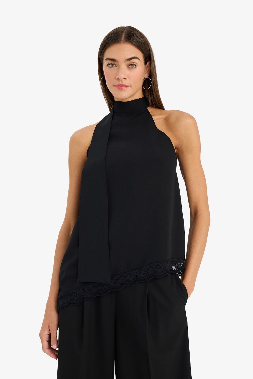 Женщины Черный Блузка Regular Fit без рукавов с вырезом халтер из крепа