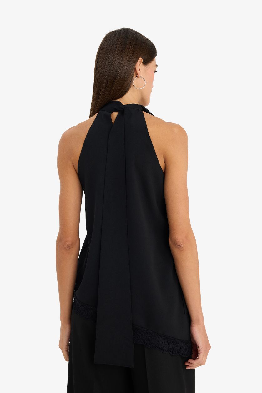 Женщины Черный Блузка Regular Fit без рукавов с вырезом халтер из крепа