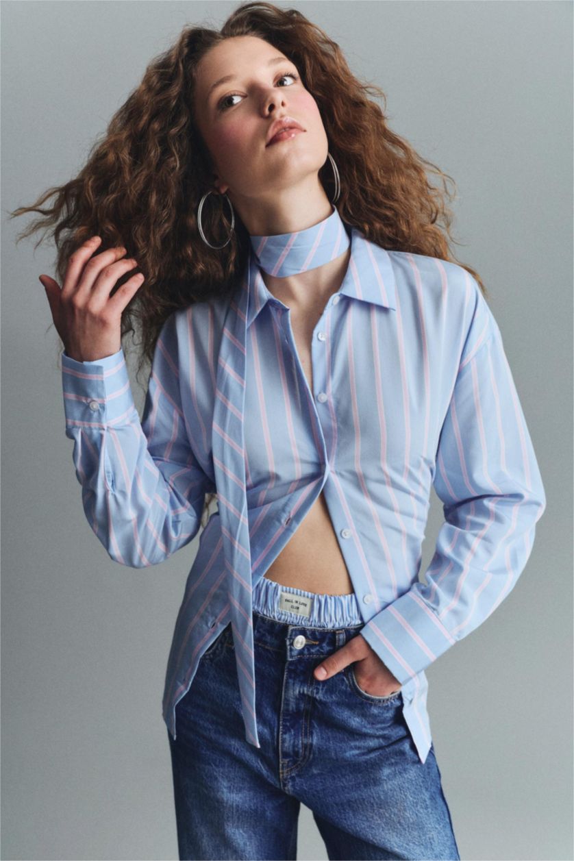 Woman Light Blue Oversize Shirt Collar Long Sleeve Shirt