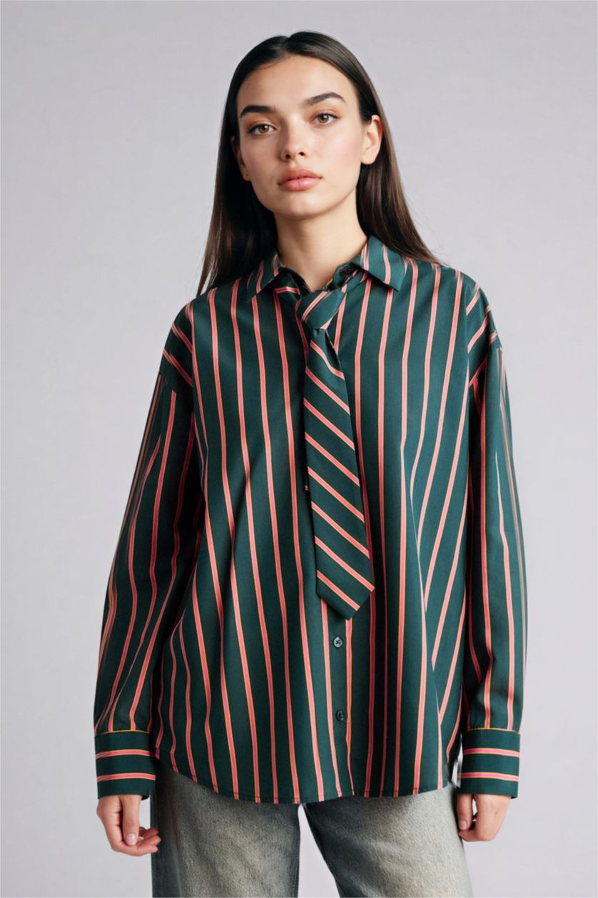 Әйелдерге Жасыл Oversize галстук бөлшегі бар жолақты жейде