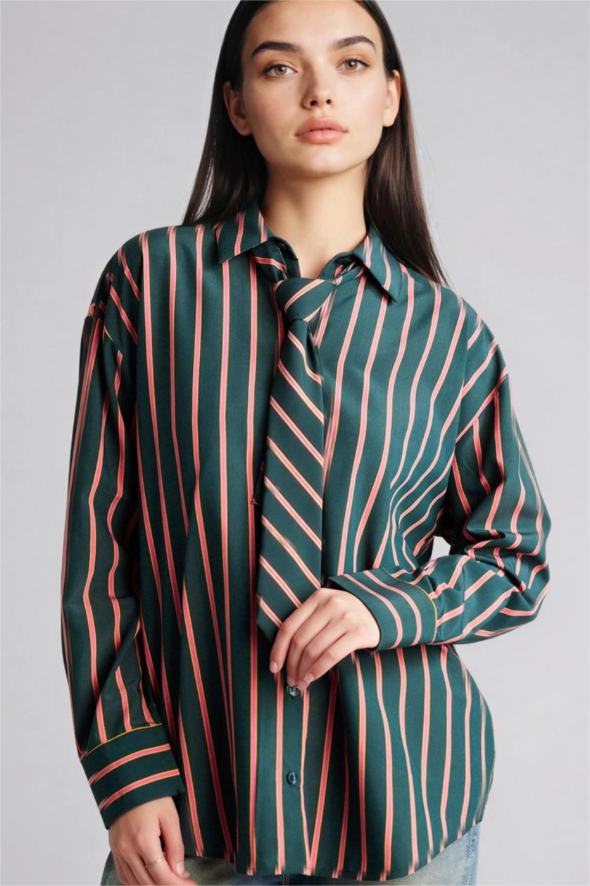 Әйелдерге Жасыл Oversize галстук бөлшегі бар жолақты жейде