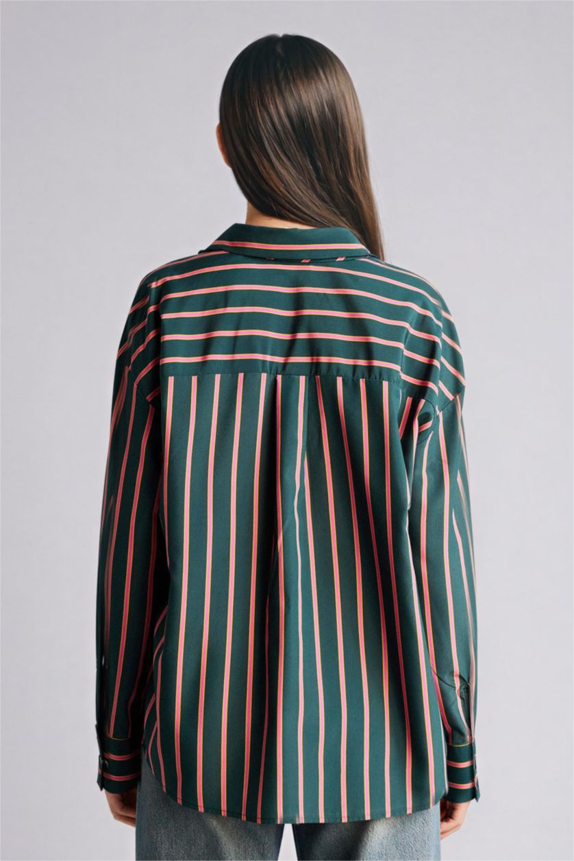 Әйелдерге Жасыл Oversize галстук бөлшегі бар жолақты жейде