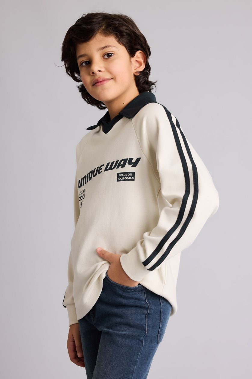 Boys & Teens Ecru New Regular Fit Slogan Long Sleeve Polo T-Shirt