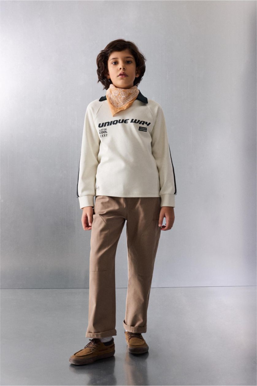 أولادي بيج فاتح تيشيرت بولو اولادي كم طويل بطبعة شعار قصة عادية بياقة عالية