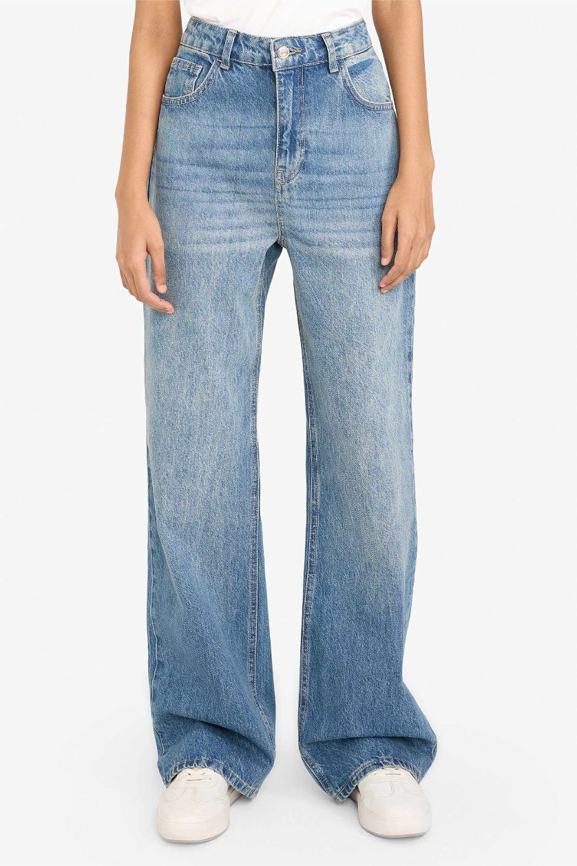 حريمي أزرق بنطلون جينز وايد ليج برجل واسع وخصر عالي