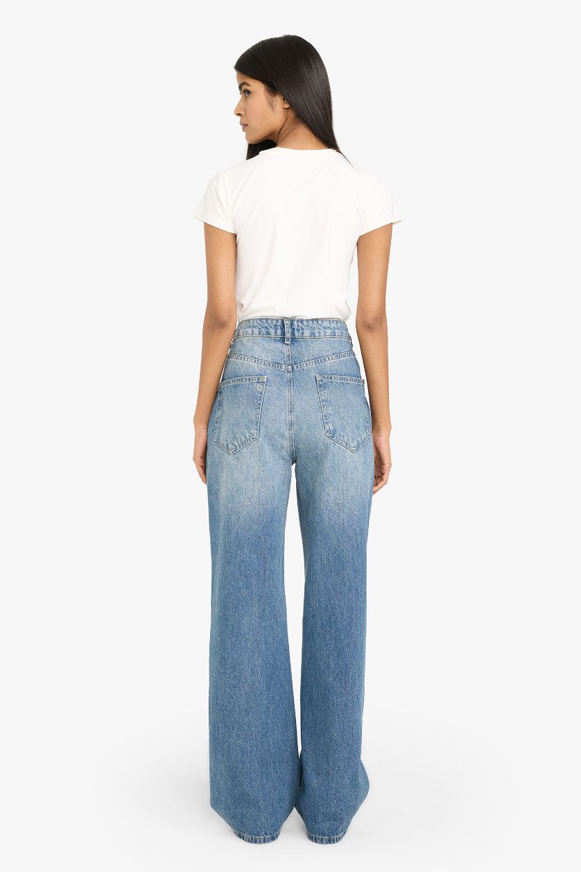 حريمي أزرق بنطلون جينز وايد ليج برجل واسع وخصر عالي