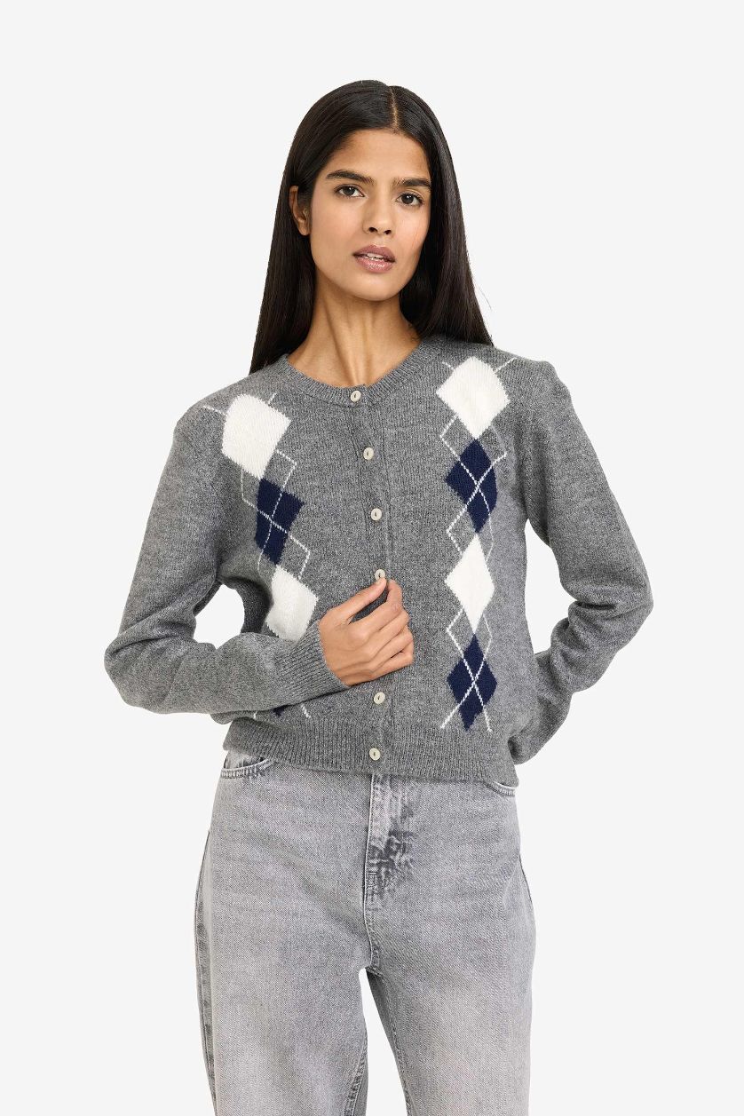 نساء ميلانج رمادي جاكيت صوف قصة عادية منقوش