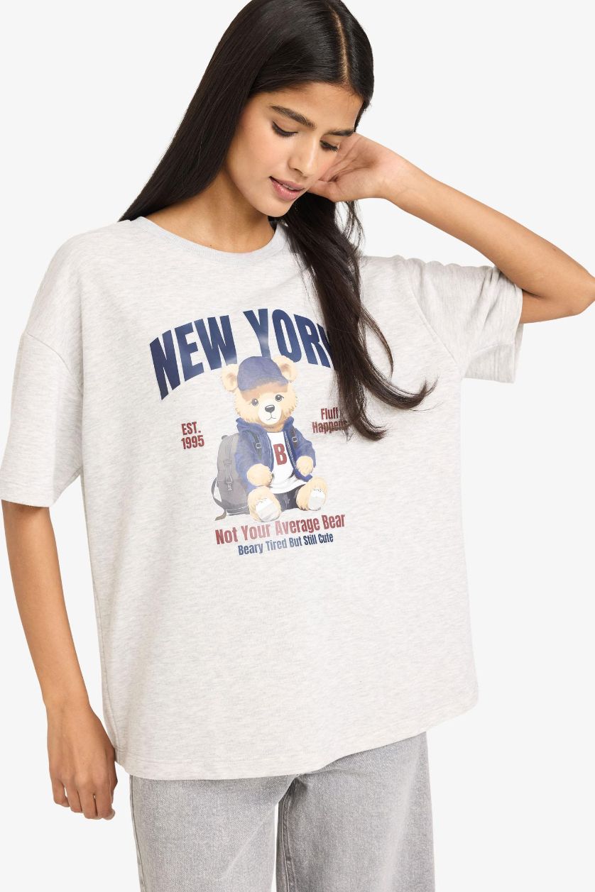 Kadın Gri Melanj Oversize Geniş Kalıp Bisiklet Yaka Baskılı Kalın Kumaş Kısa Kollu Tişört