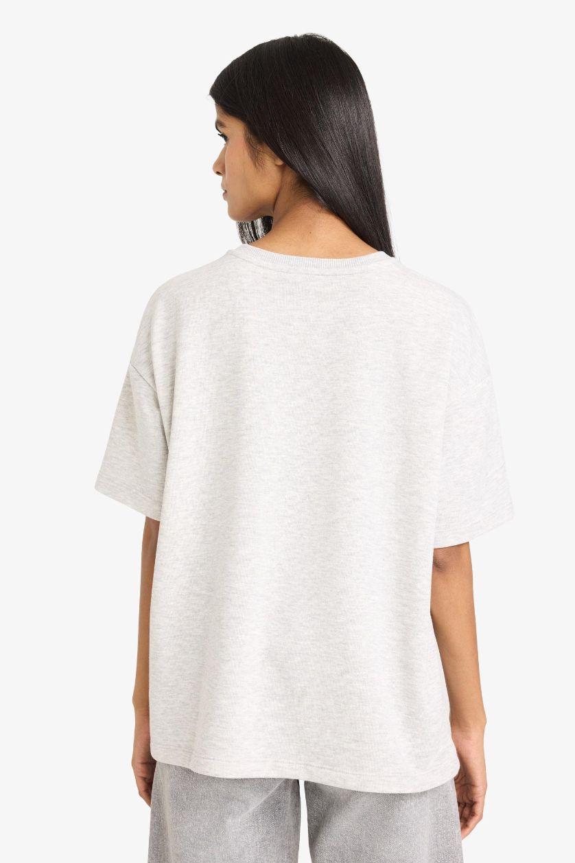 Kadın Gri Melanj Oversize Geniş Kalıp Bisiklet Yaka Baskılı Kalın Kumaş Kısa Kollu Tişört