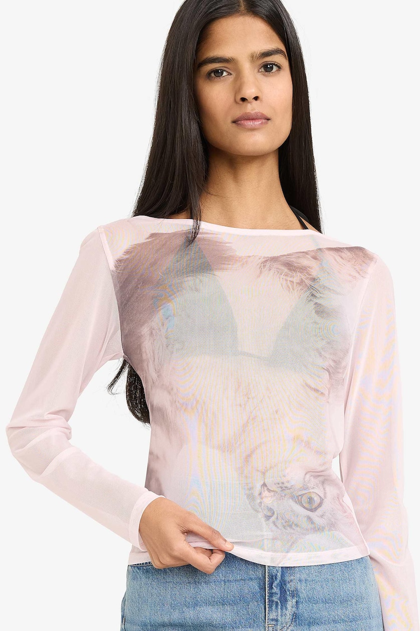 WOMAN Light Pink Fitted Boat Neck Printed Tulle Long Sleeve T-Shirt