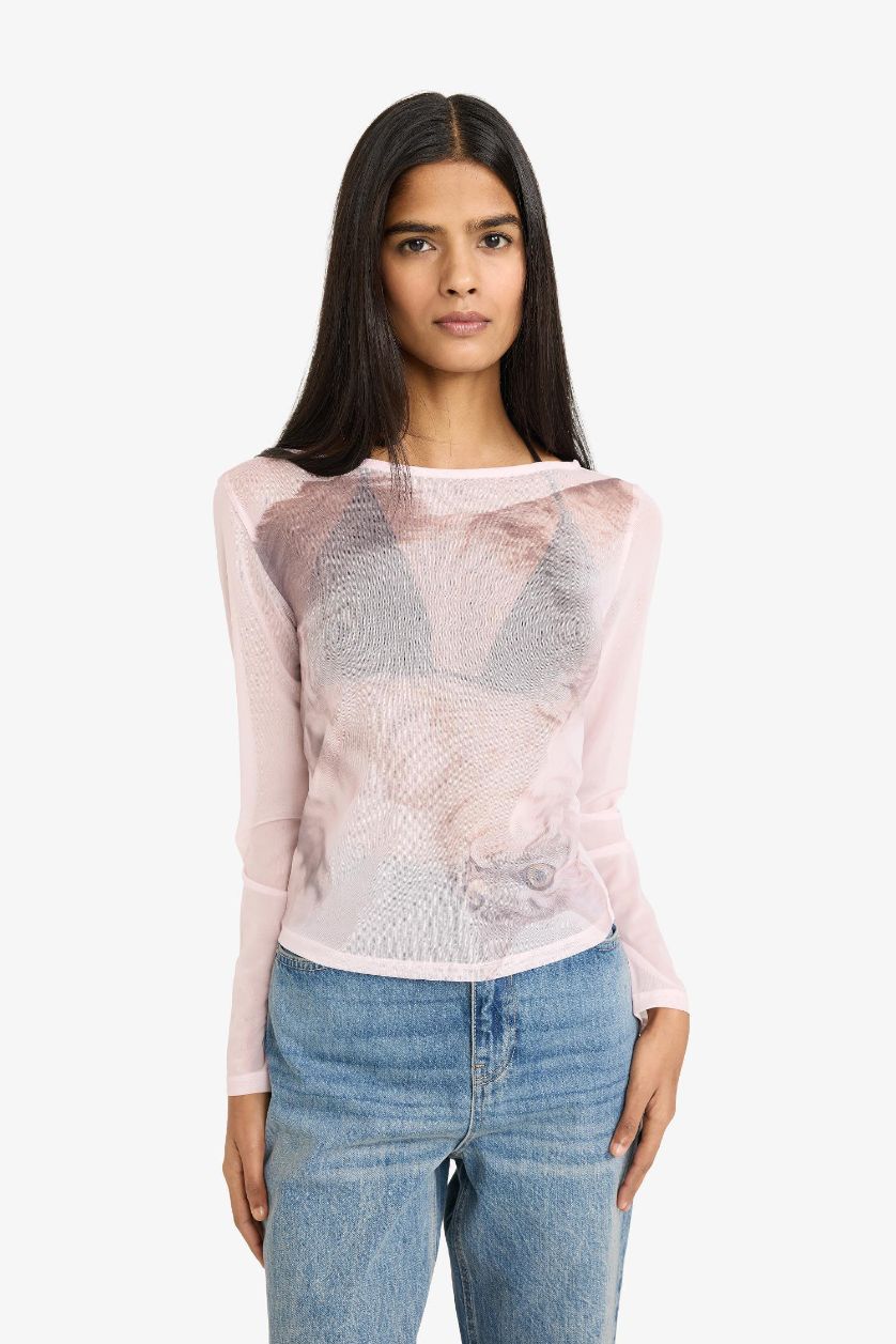 WOMAN Light Pink Fitted Boat Neck Printed Tulle Long Sleeve T-Shirt