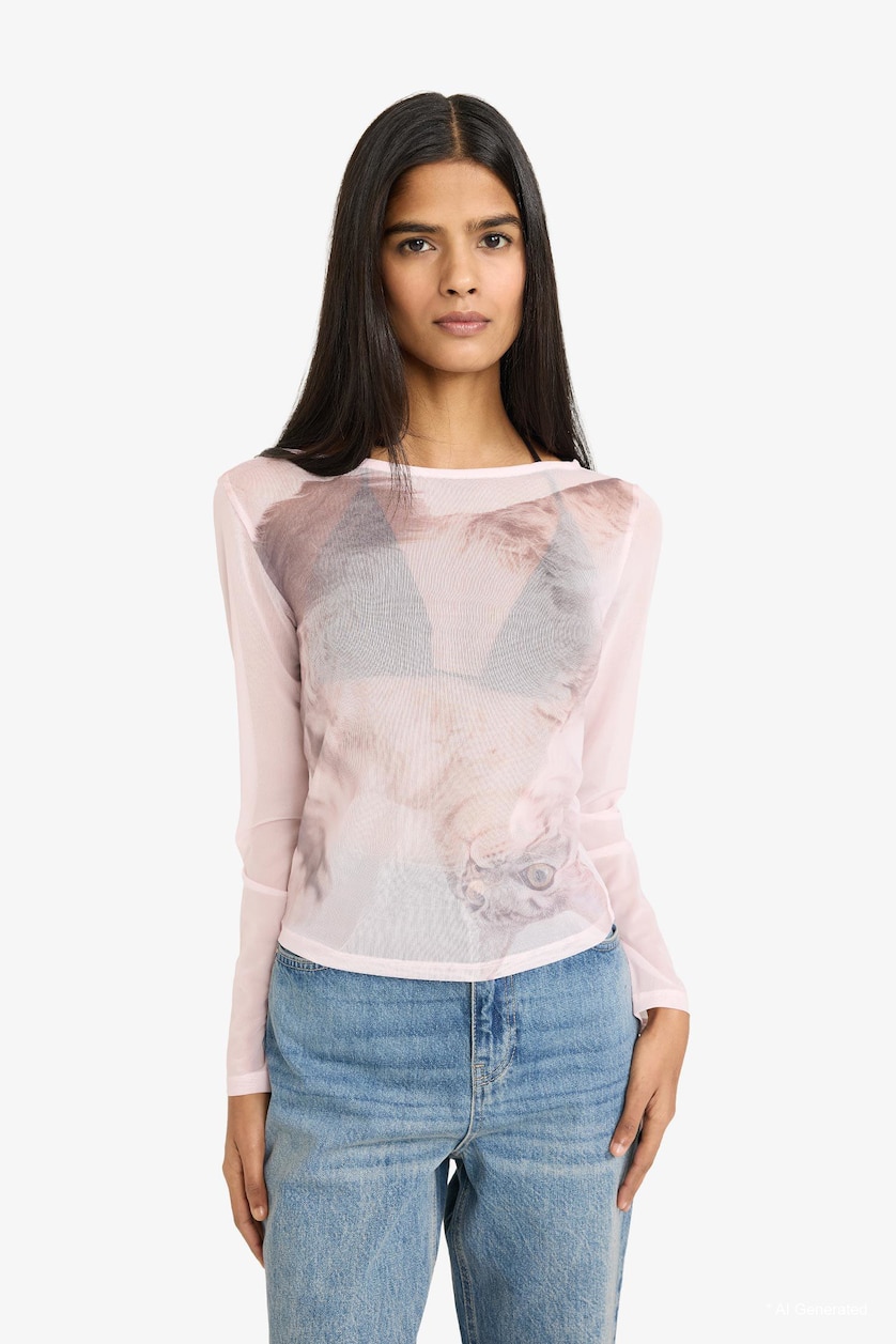 WOMAN Light Pink Fitted Boat Neck Printed Tulle Long Sleeve T-Shirt