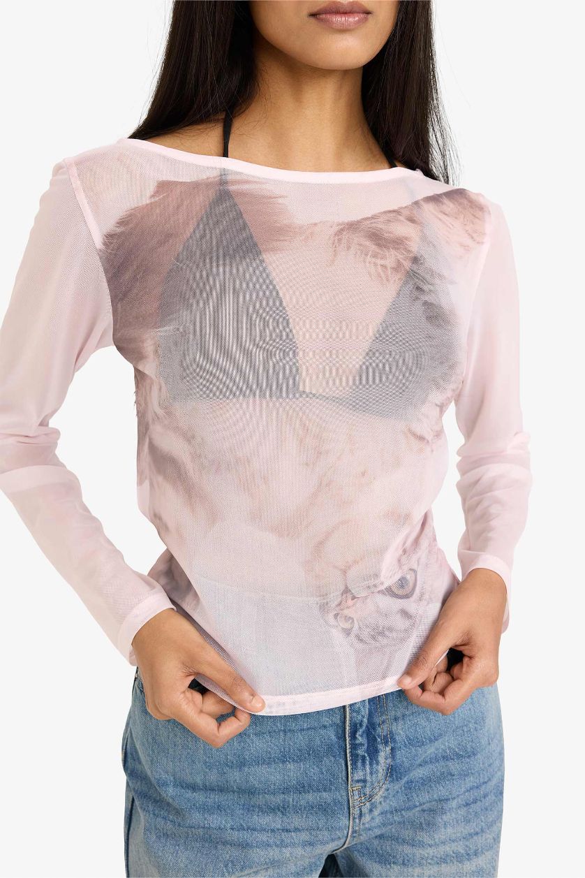WOMAN Light Pink Fitted Boat Neck Printed Tulle Long Sleeve T-Shirt