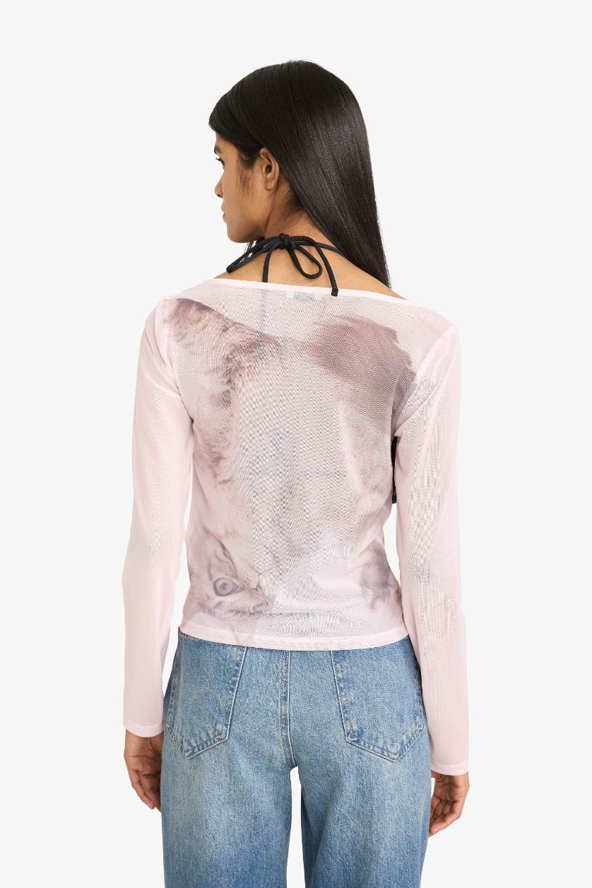 WOMAN Light Pink Fitted Boat Neck Printed Tulle Long Sleeve T-Shirt