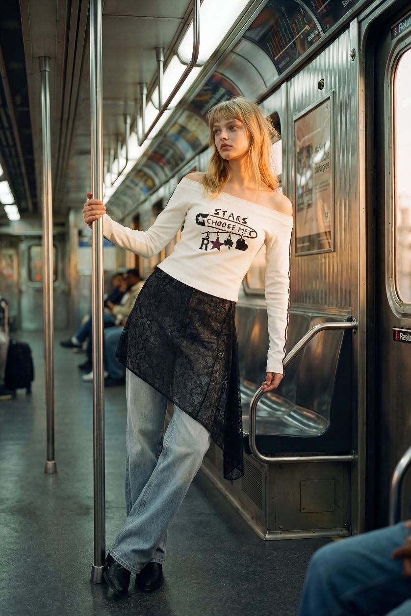 WOMAN White Fitted Boat Neck Printed Ribbed T-Shirt