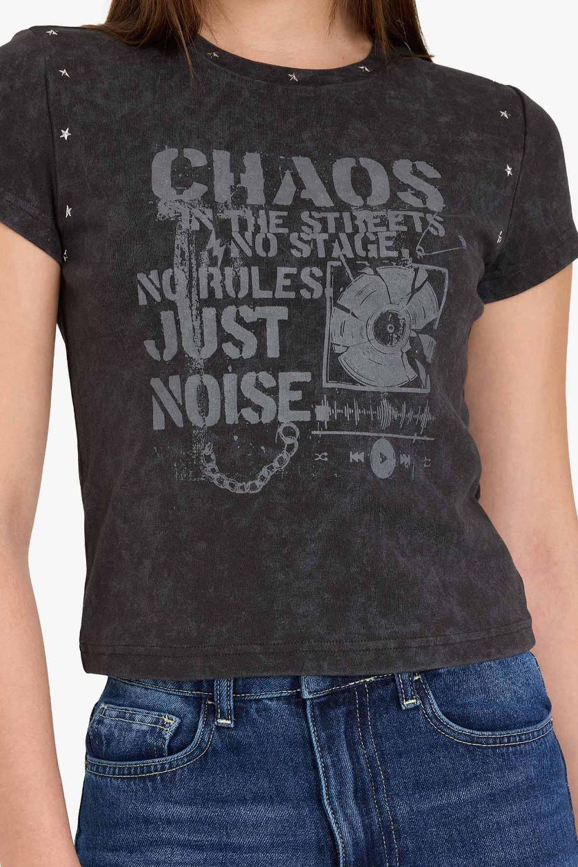 WOMAN Anthracite Fitted Crepe Neck Printed Ribbed Short Sleeve T-Shirt