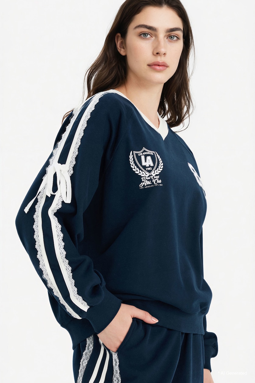 Woman NAVY 100% Cotton Oversize Printed Sweatshirt