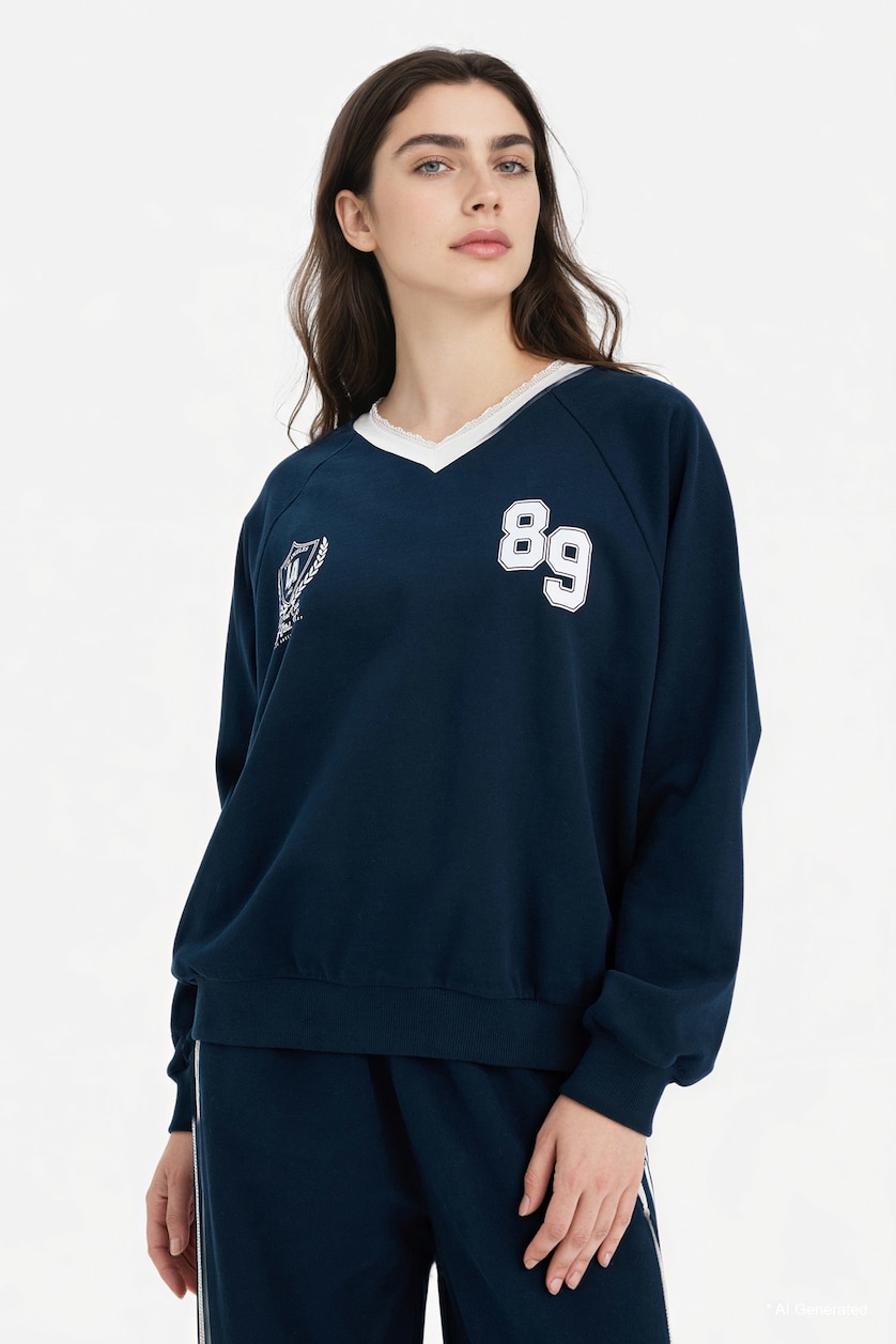 Woman NAVY 100% Cotton Oversize Printed Sweatshirt
