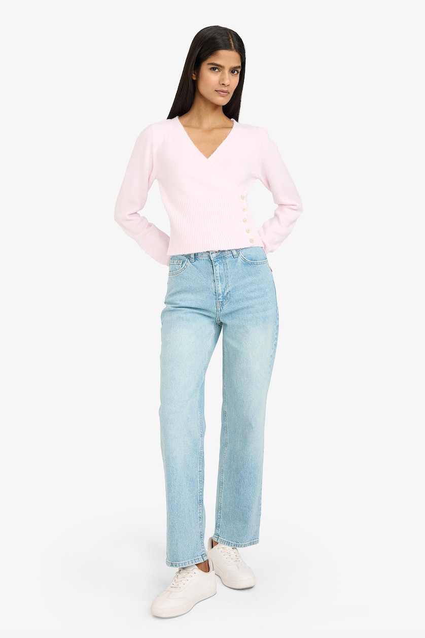 Women Light Pink Slim Fit V-Neck Pullover