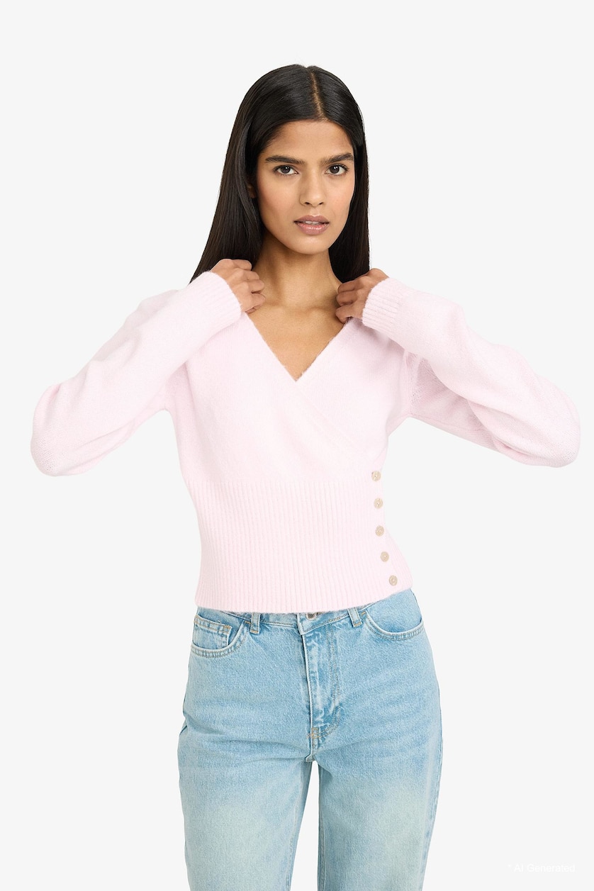 Woman Light Pink Slim Fit V-Neck Pullover