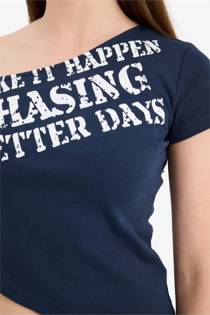 Woman NAVY Fitted Boat Neck Slogan Print Ribbed Short Sleeve T-Shirt