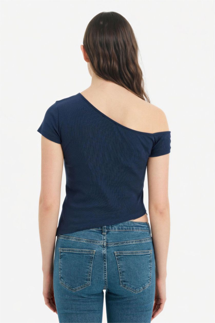 Woman NAVY Fitted Boat Neck Slogan Print Ribbed Short Sleeve T-Shirt