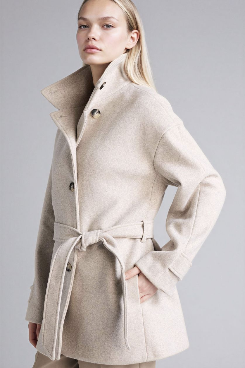 Kadın Bej Kuşaklı Kaşe Kaban