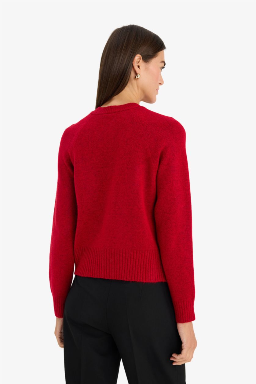 نساء أحمر سترة قصة عادية برقبة مستديرة وأزرار