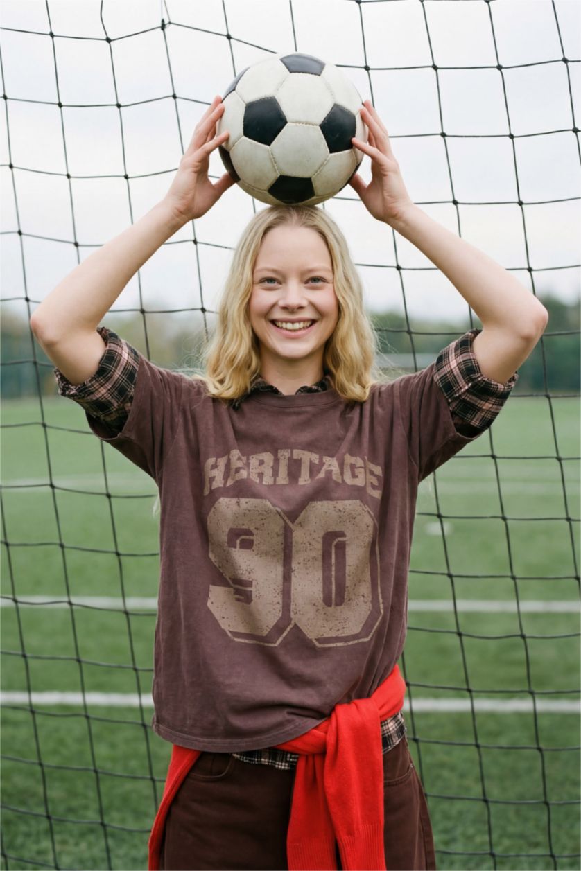 Woman Brown Oversize Crepe Neck Sport Printed Short Sleeve T-Shirt