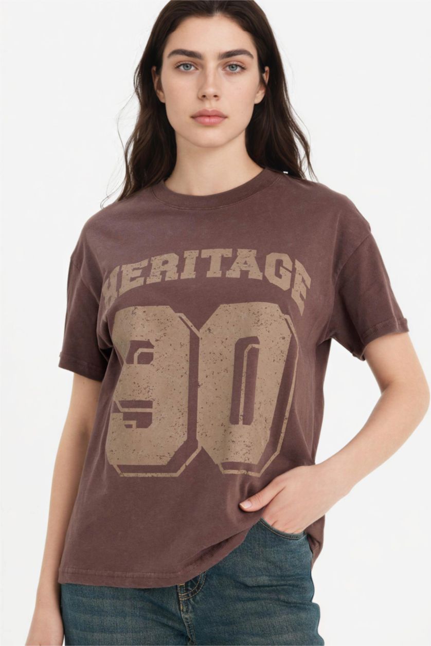 Woman Brown Oversize Crepe Neck Sport Printed Short Sleeve T-Shirt