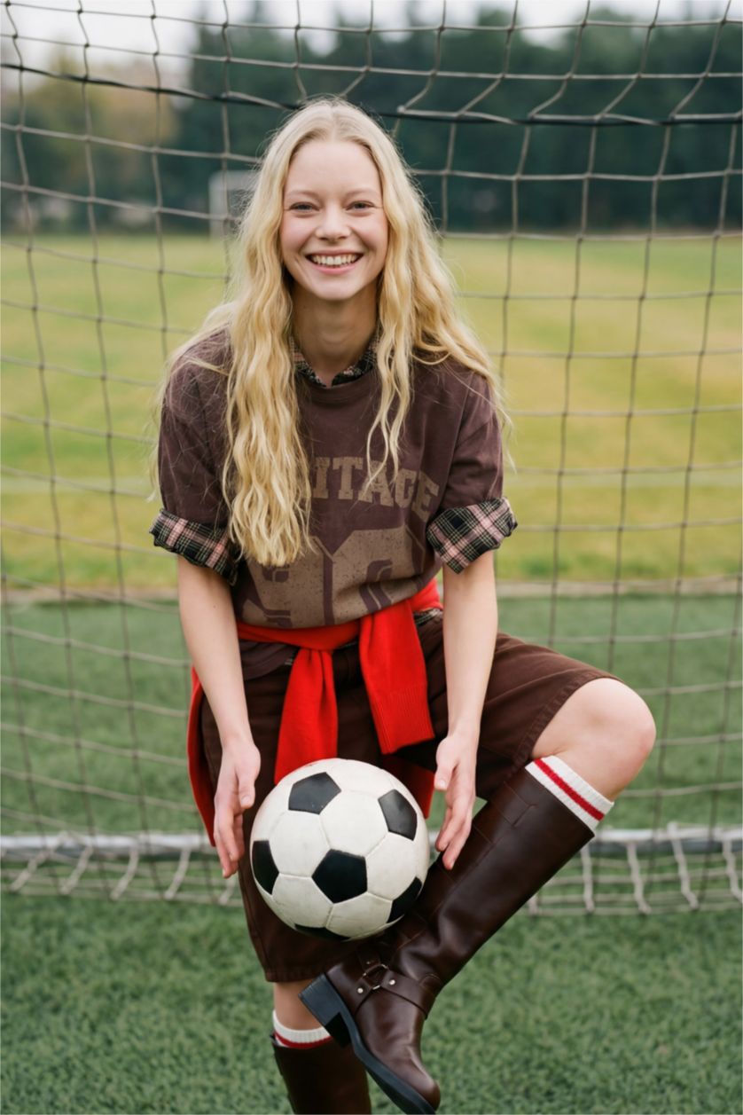 Woman Brown Oversize Crepe Neck Sport Printed Short Sleeve T-Shirt