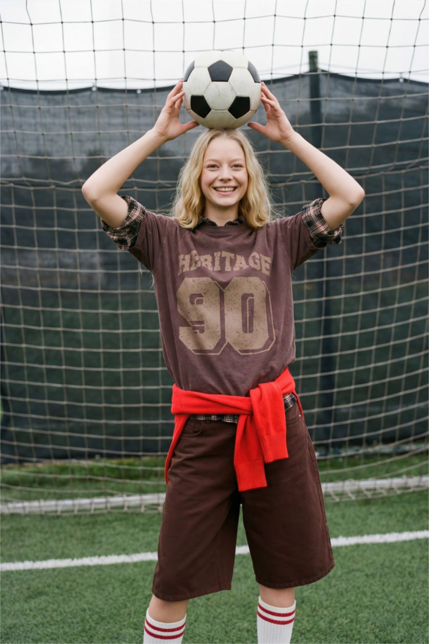 Woman Brown Oversize Crepe Neck Sport Printed Short Sleeve T-Shirt