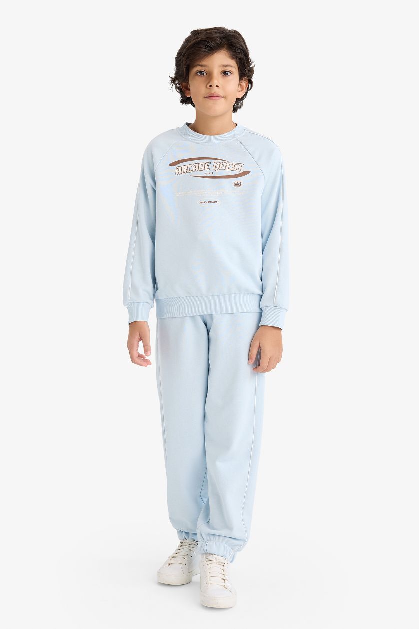 Erkek Çocuk - Genç Erkek Açık Mavi 2'li Takım Baskılı Sweatshirt Eşofman Altı Erkek Çocuk