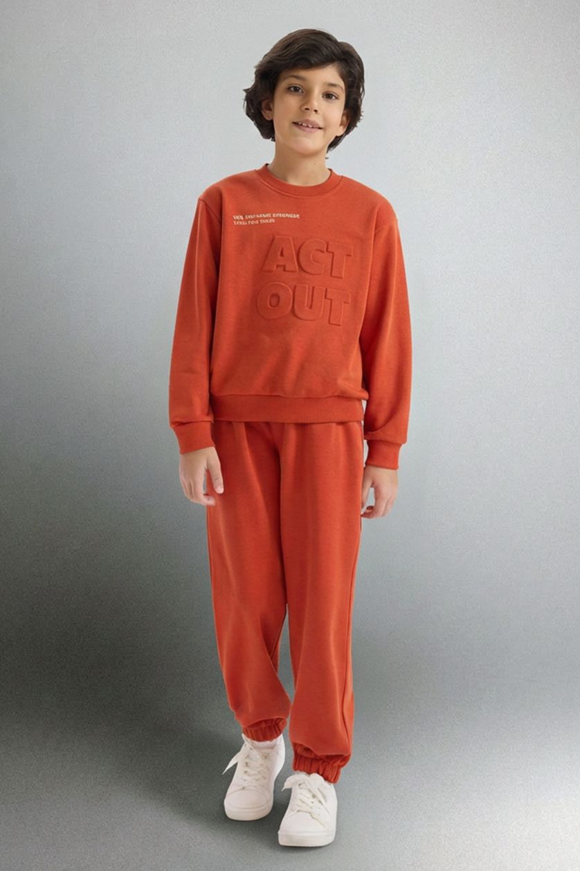 Boys & Teens Dark Orange Boy Slogan Print Long Sleeve 2 Piece Set