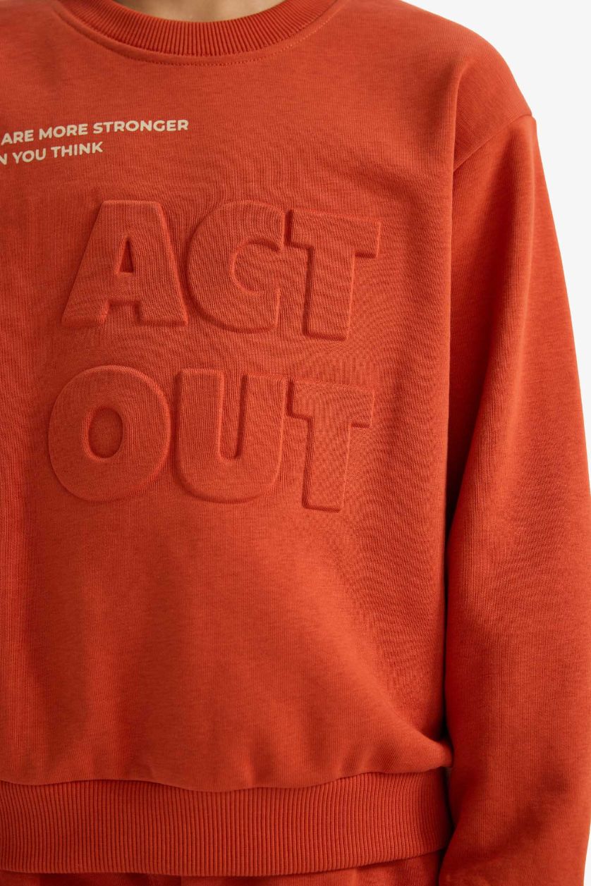 Boys & Teens Dark Orange Boy Slogan Print Long Sleeve 2 Piece Set