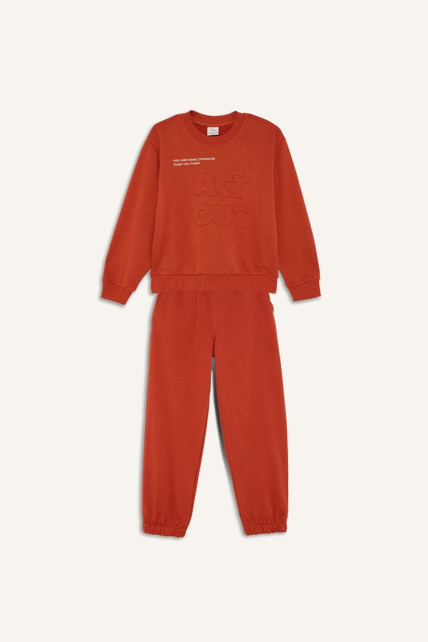 Boys & Teens Dark Orange Boy Slogan Print Long Sleeve 2 Piece Set