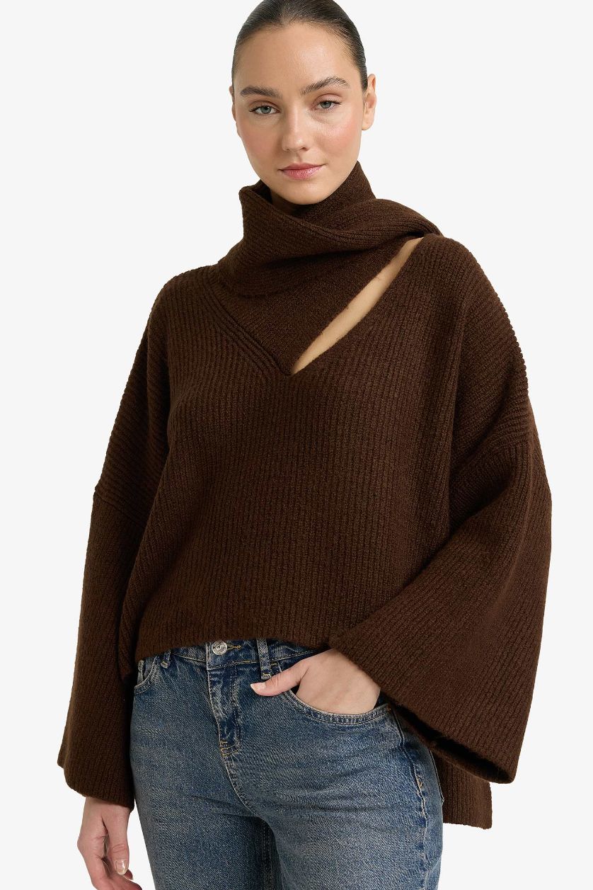 Woman Brown Oversize Fit Shawl Collar Knitwear Pullover