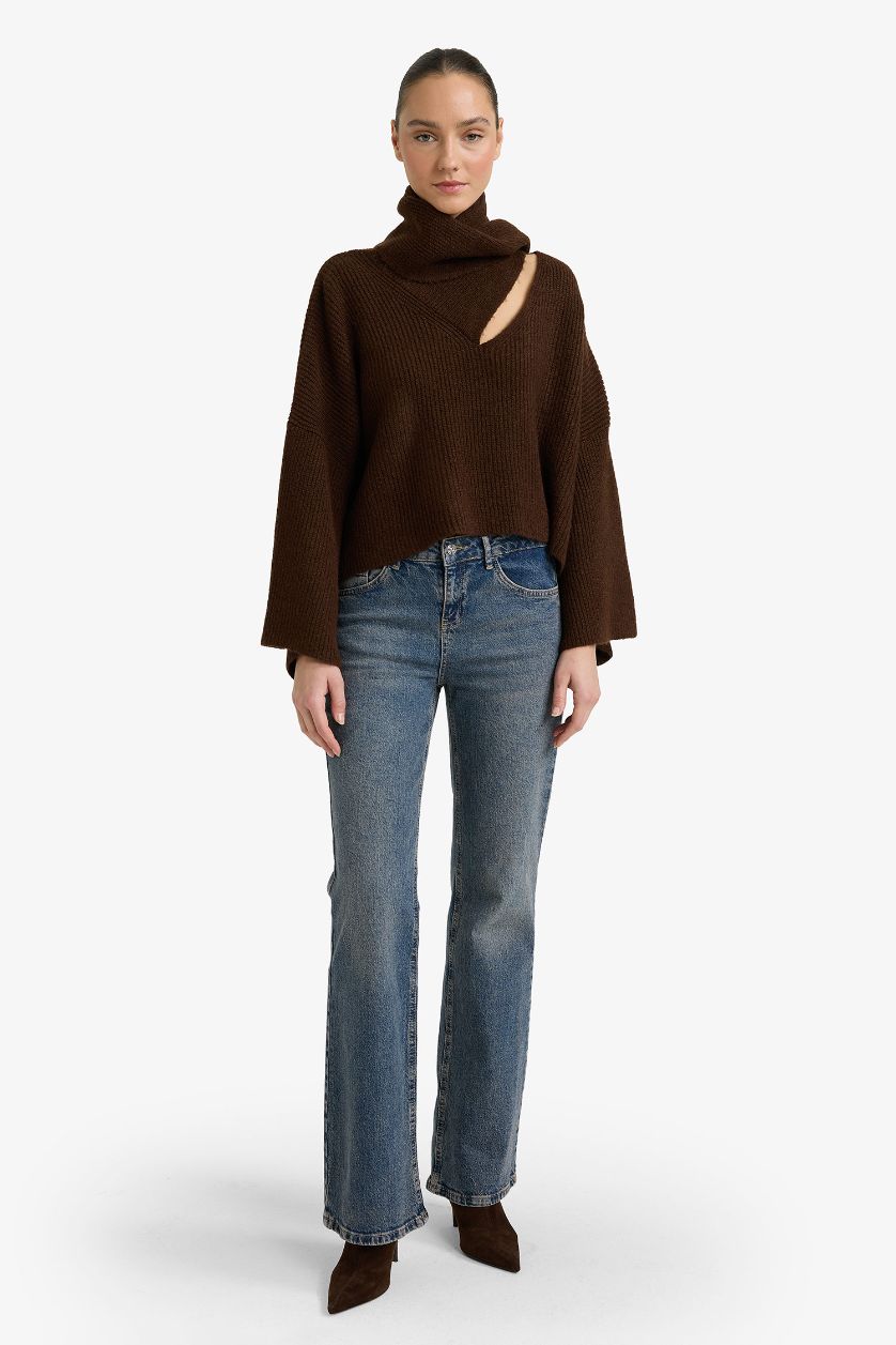 Woman Brown Oversize Fit Shawl Collar Knitwear Pullover